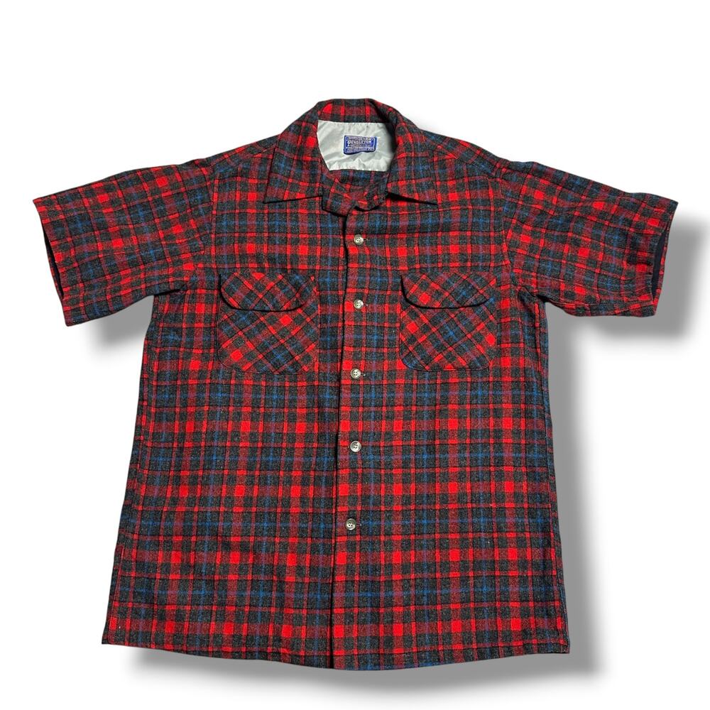 Vintage 60s Pendleton Wool Board Shirt Short Sleeve Red Blue Plaid Sz M